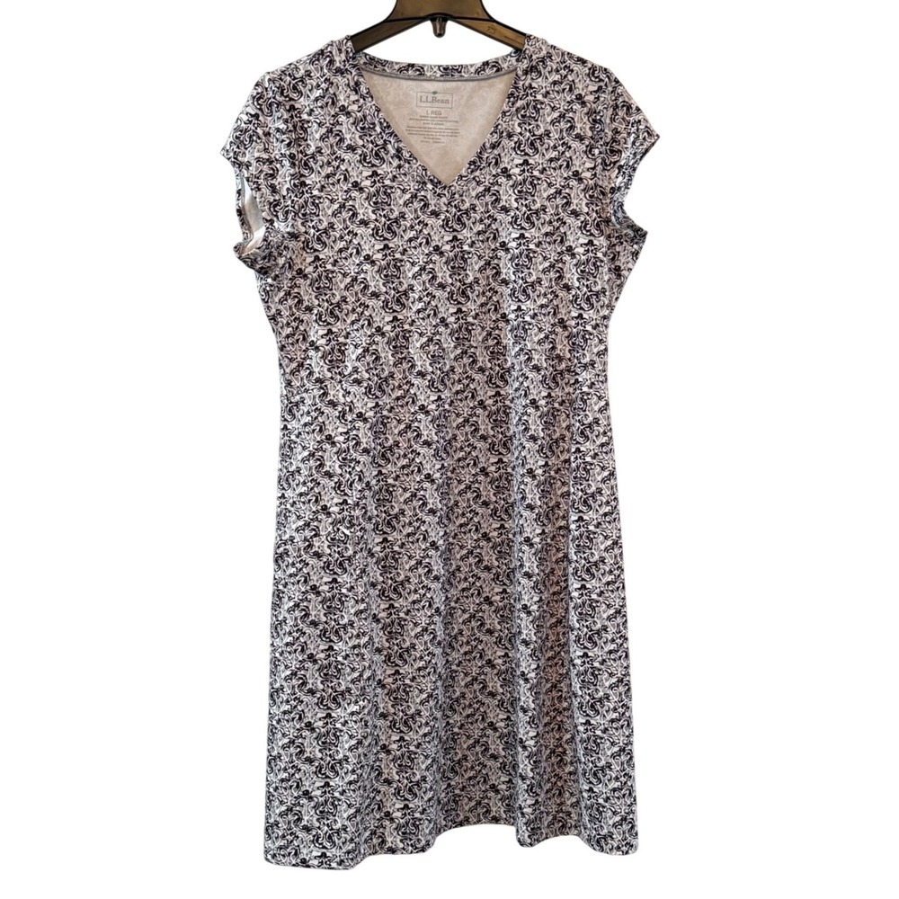 LL Bean Womens L Reg Black White Damask V-Neck Performance Knit Pocket Dress